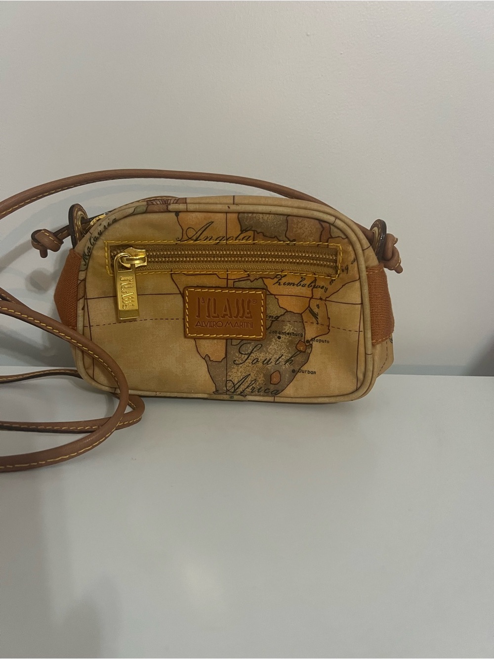 Alviero Martini Authentic Mini Tan Beige Map-Print Crossbody Bag Like New